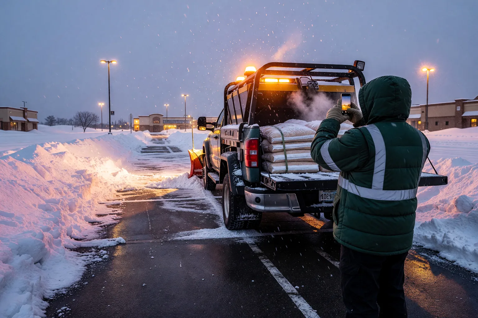 A snow crew member in a green insulated jacket and reflective vest photographing a freshly cleared retail parking lot before dawn, salt bags on his plow truck’s tailgate.