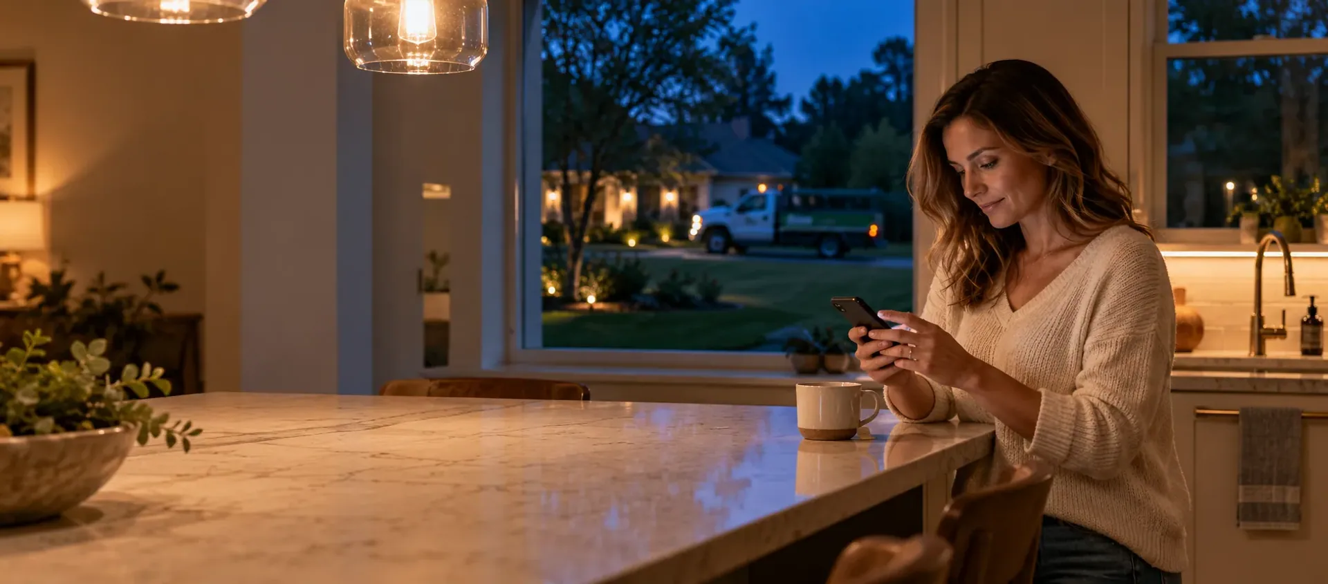 A homeowner at her kitchen island at dusk searching on her phone, with a tidy lawn and a lawn care truck parked at a neighbor’s house visible through the window behind her.