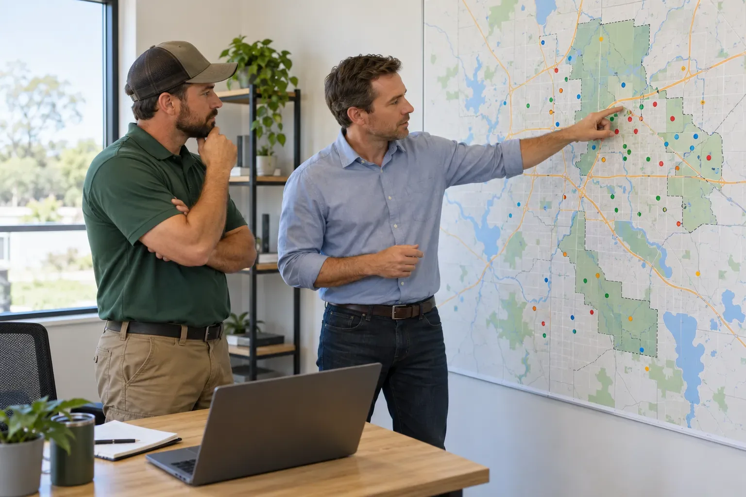 A consultant pointing at a cluster of towns on a wall map of a service area while a lawn company owner nods, a laptop open on the desk beside them.