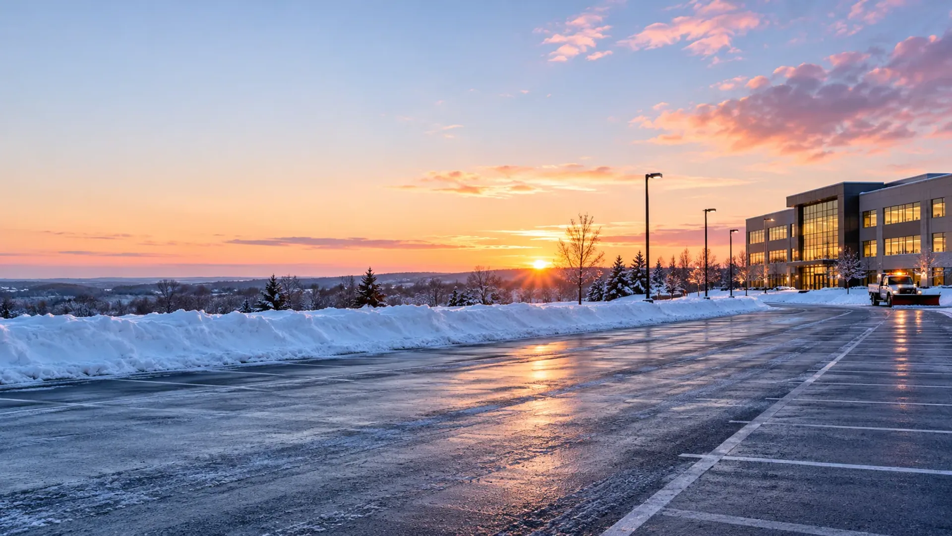 A freshly plowed commercial parking lot at sunrise, clean lines and tidy snow banks, an office building catching the first light.