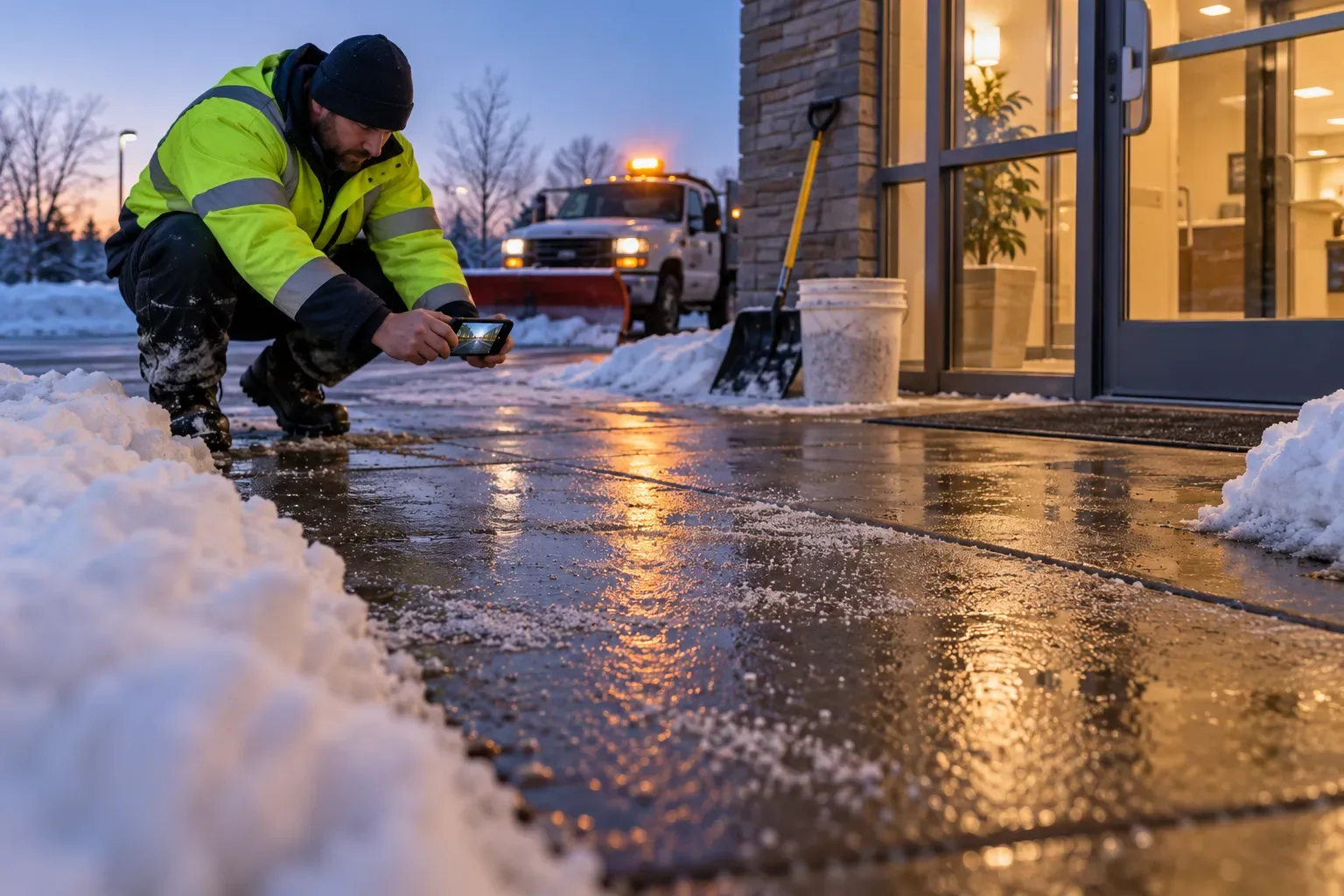 A crew member in a hi-vis jacket crouching at a building entrance at dawn to photograph the cleared, salted walkway with his phone.