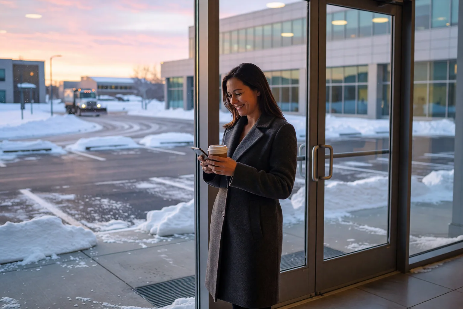 A property manager inside an office entrance at sunrise, smiling at her phone, the lot outside plowed and clear.