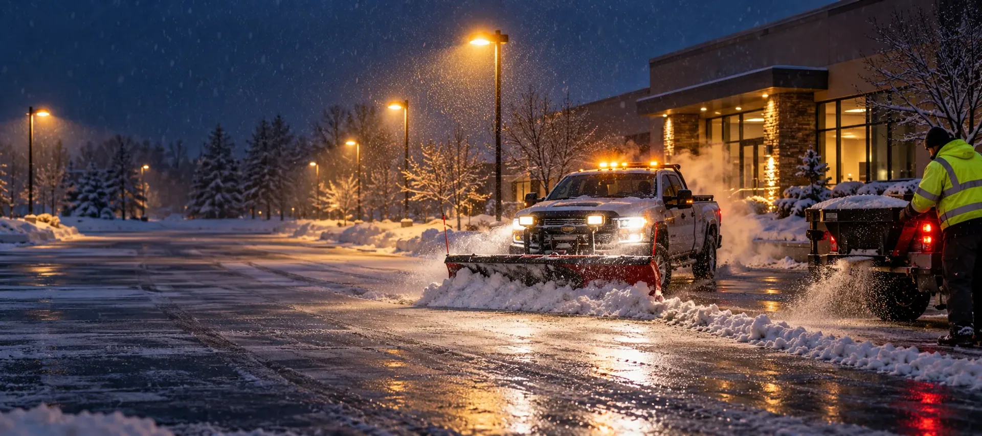 A plow truck clearing an office parking lot before dawn in falling snow, a worker in a hi-vis jacket spreading salt from the tailgate.