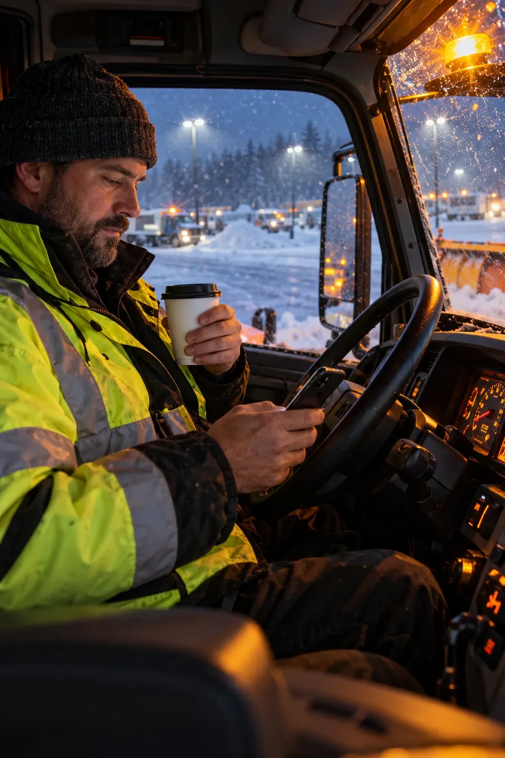 A snow removal company owner in a hi-vis jacket and wool hat in his plow truck cab before dawn, checking the day’s sites on his phone.