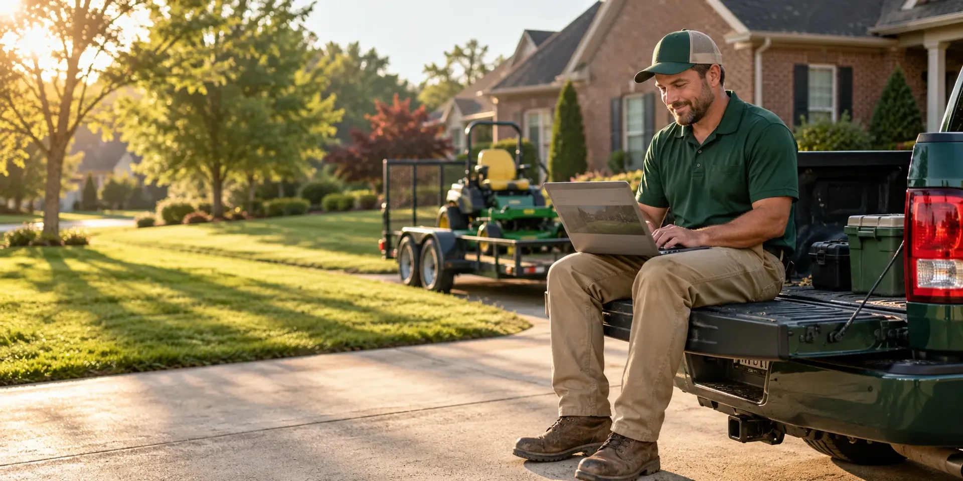 A lawn care company owner in a green polo sitting on the tailgate of his pickup in a driveway at sunrise, a laptop open on his knees and a freshly mowed lawn behind him.