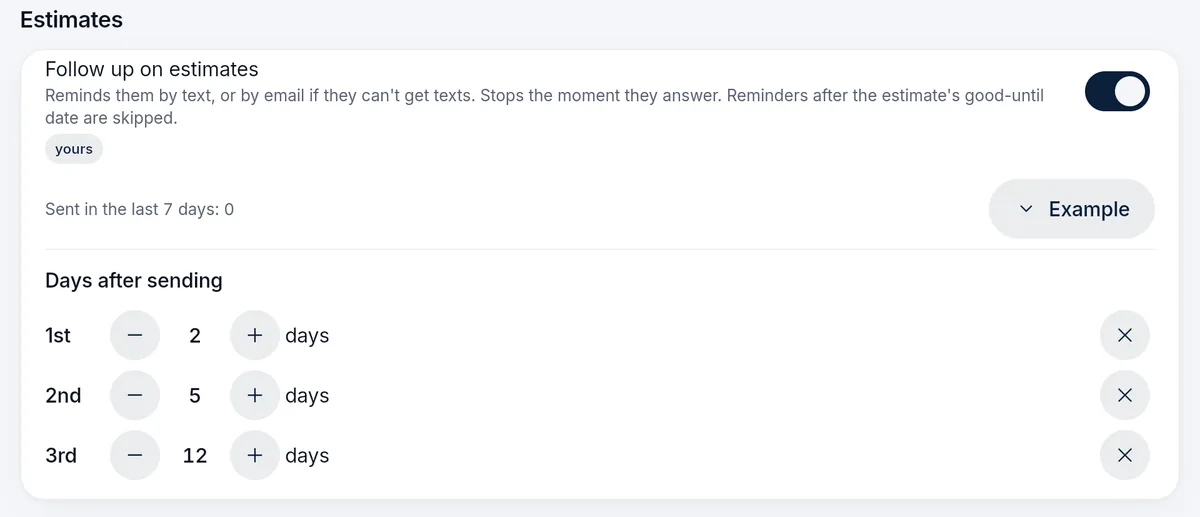 Automatic messages in the office app: Follow up on estimates, switched on, texting or emailing if they cannot get texts, with days after sending of 2, 5 and 12.