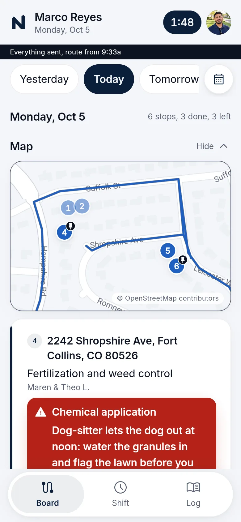 The crew app's route: six stops on a street map, three done, with the clock running.