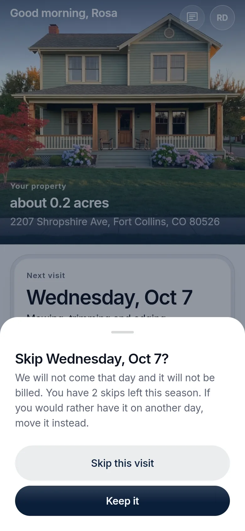 The customer app asking whether to skip Wednesday's visit, with two skips left this season.