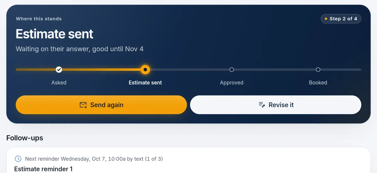 An estimate waiting on the customer's answer and good until Nov 4, with Send again and Revise it side by side, and the next reminder Wednesday, Oct 7 at 10:00 a.m. by text, 1 of 3.