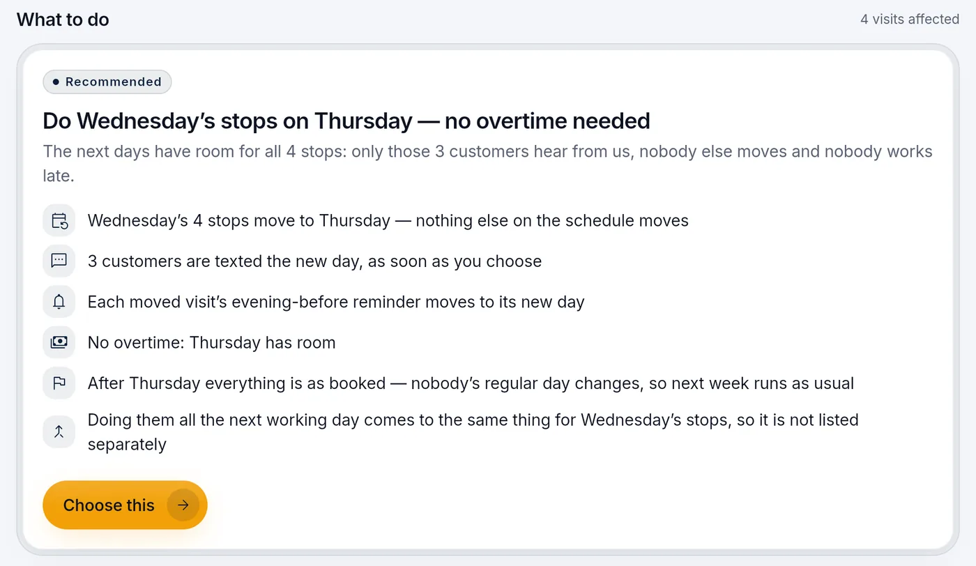 The rain-day plan: do Wednesday's stops on Thursday with no overtime, three customers texted the new day.