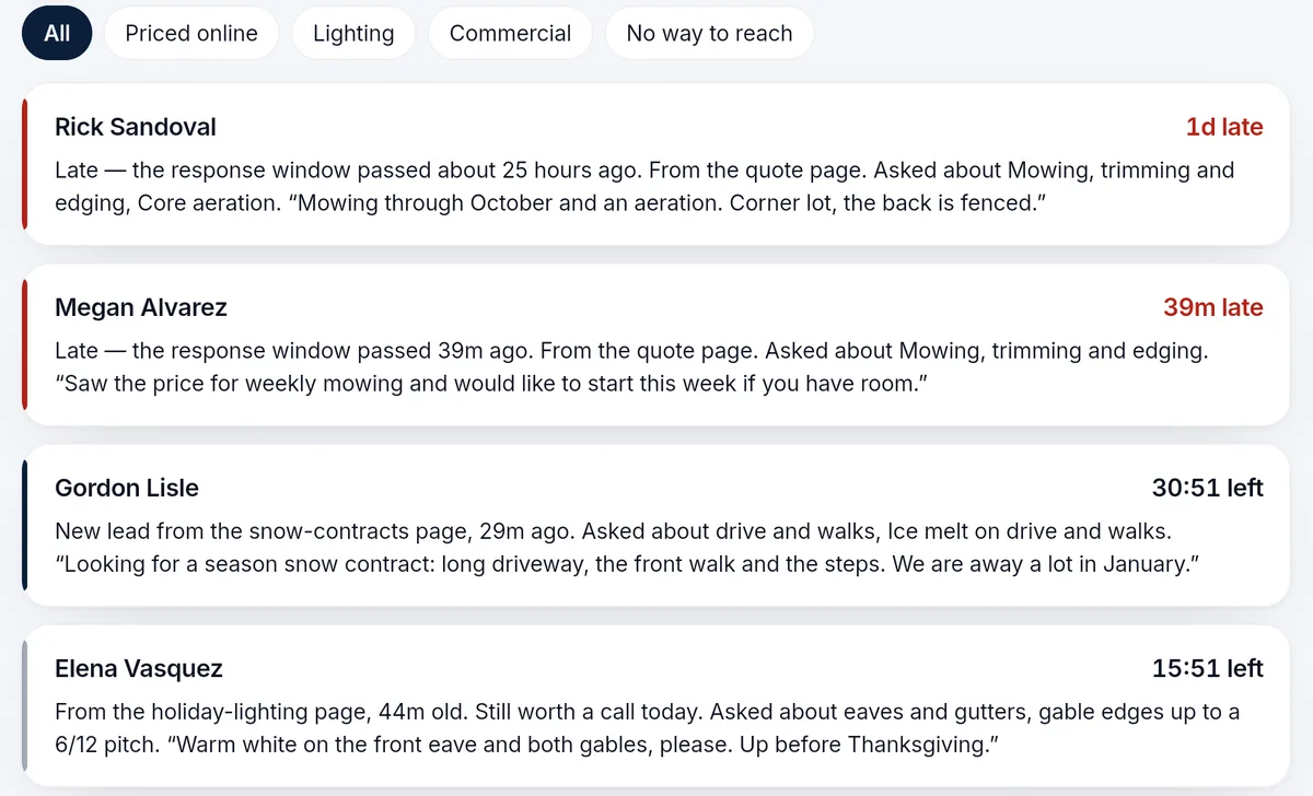 The leads list in the office app, filtered by priced online, lighting and commercial, with how late each lead is.