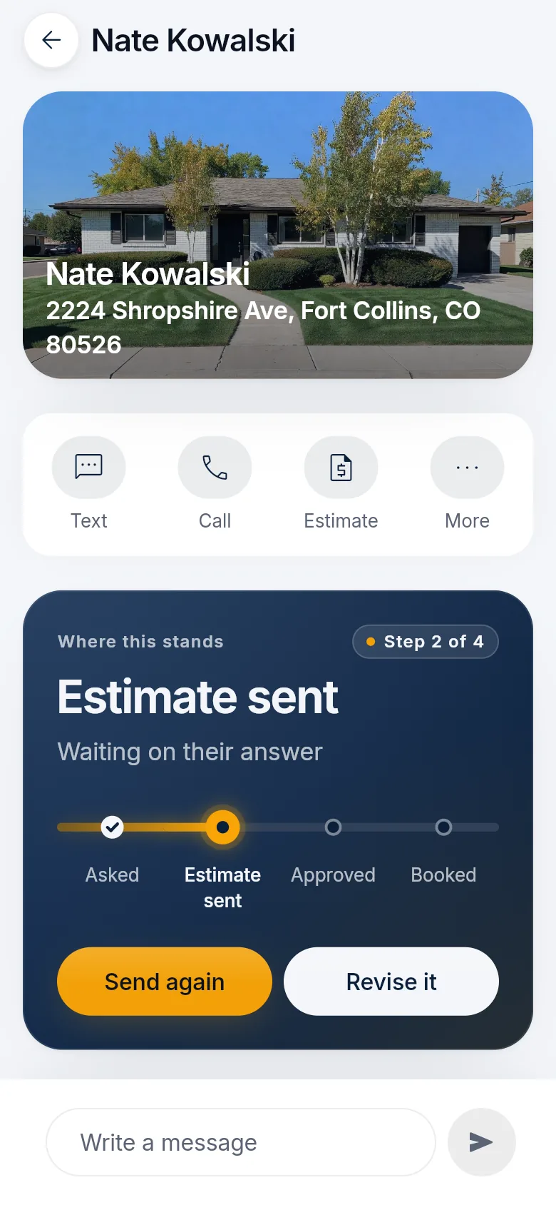 The same customer record on a phone: the photo of the house, the action buttons and where the sale stands.