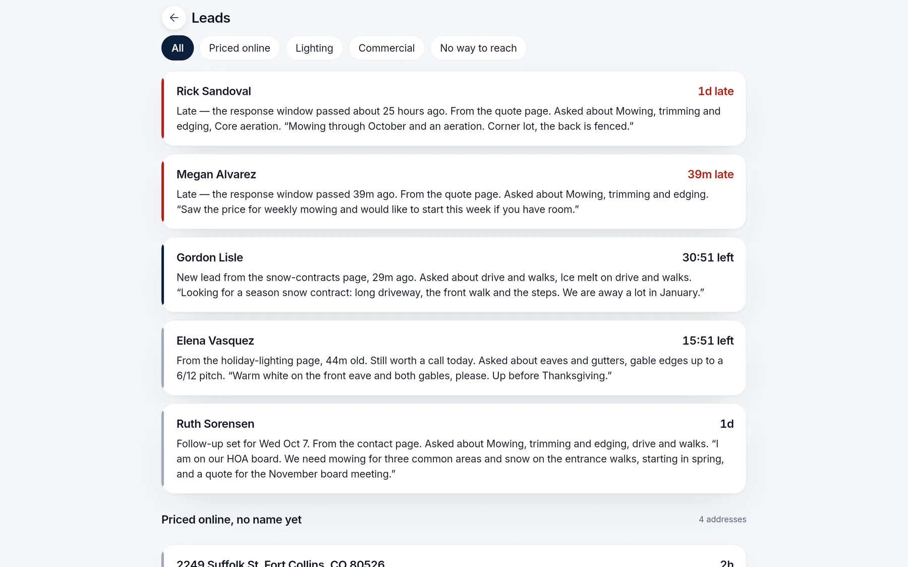 The leads list in the office app, filtered by priced online, lighting and commercial, each with the price the customer saw.