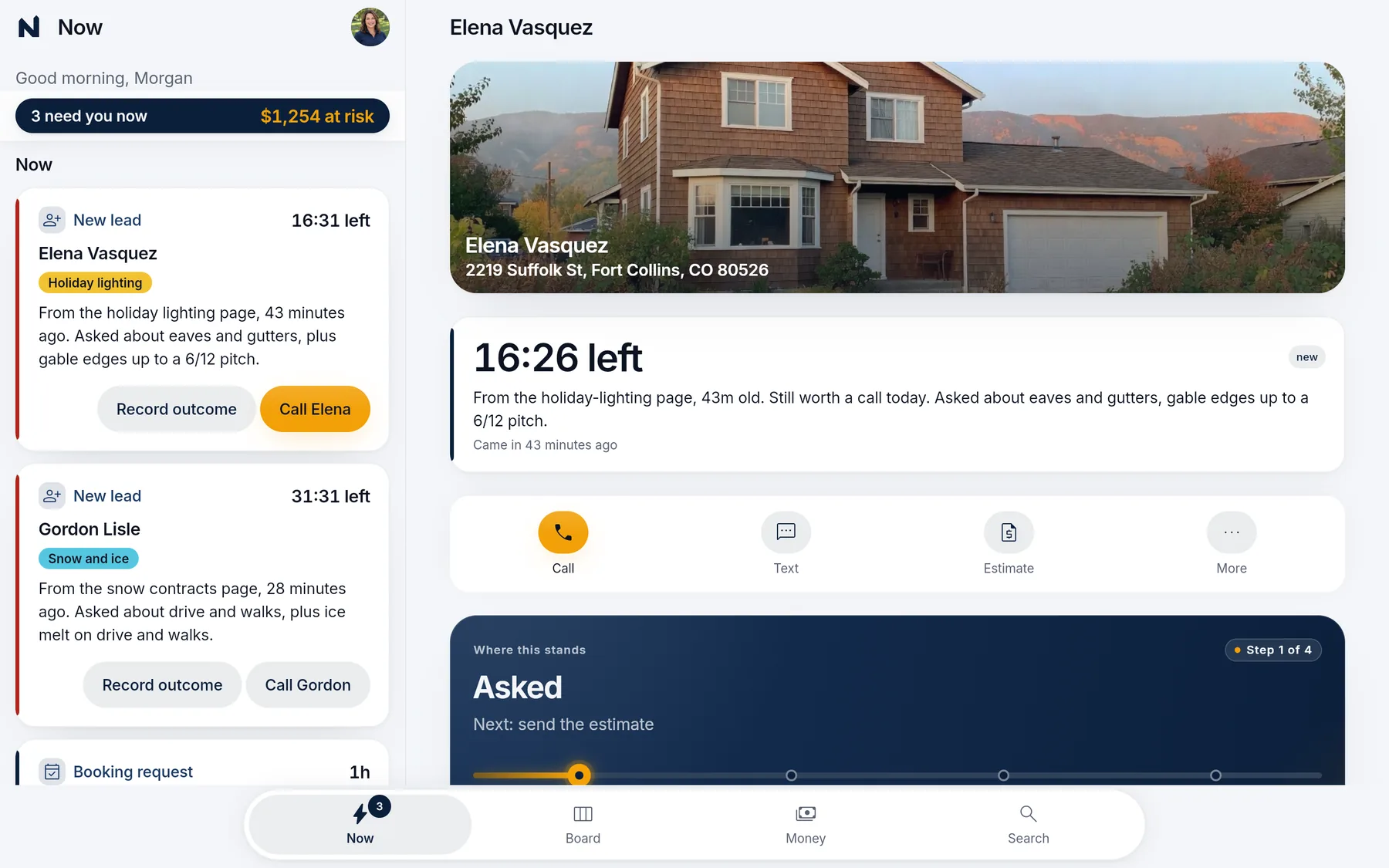 The office app’s Now list beside a lighting lead from the website: a photo of the house, about 16 minutes left to respond, Call, Text and Estimate buttons, and where the lead stands.