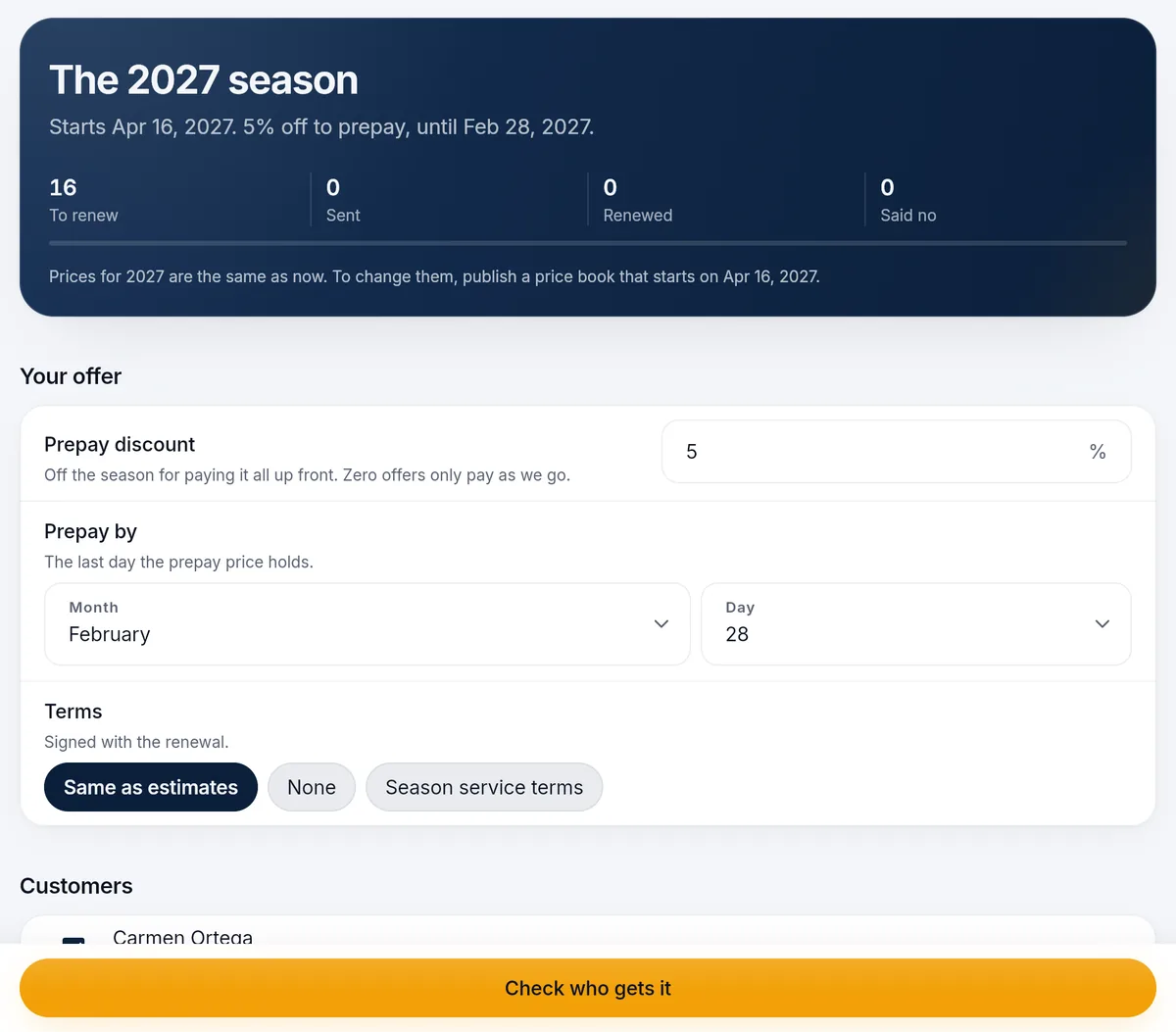 Renewals for the 2027 season: a 5 percent prepay discount until February 28, the terms signed with the renewal, and a button to check who gets it.
