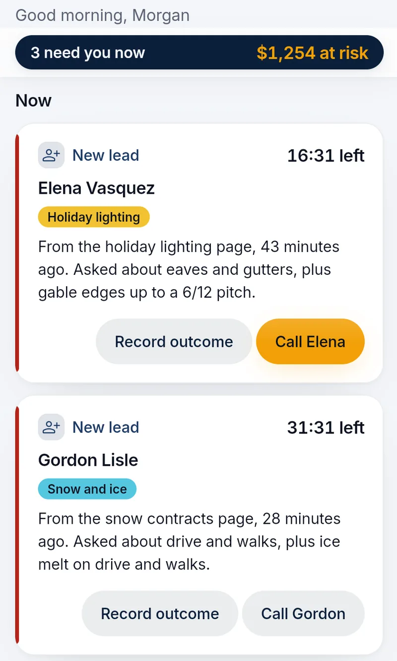 The office app's Now list, with a snow and ice request from the snow-contracts page and the time left to respond.