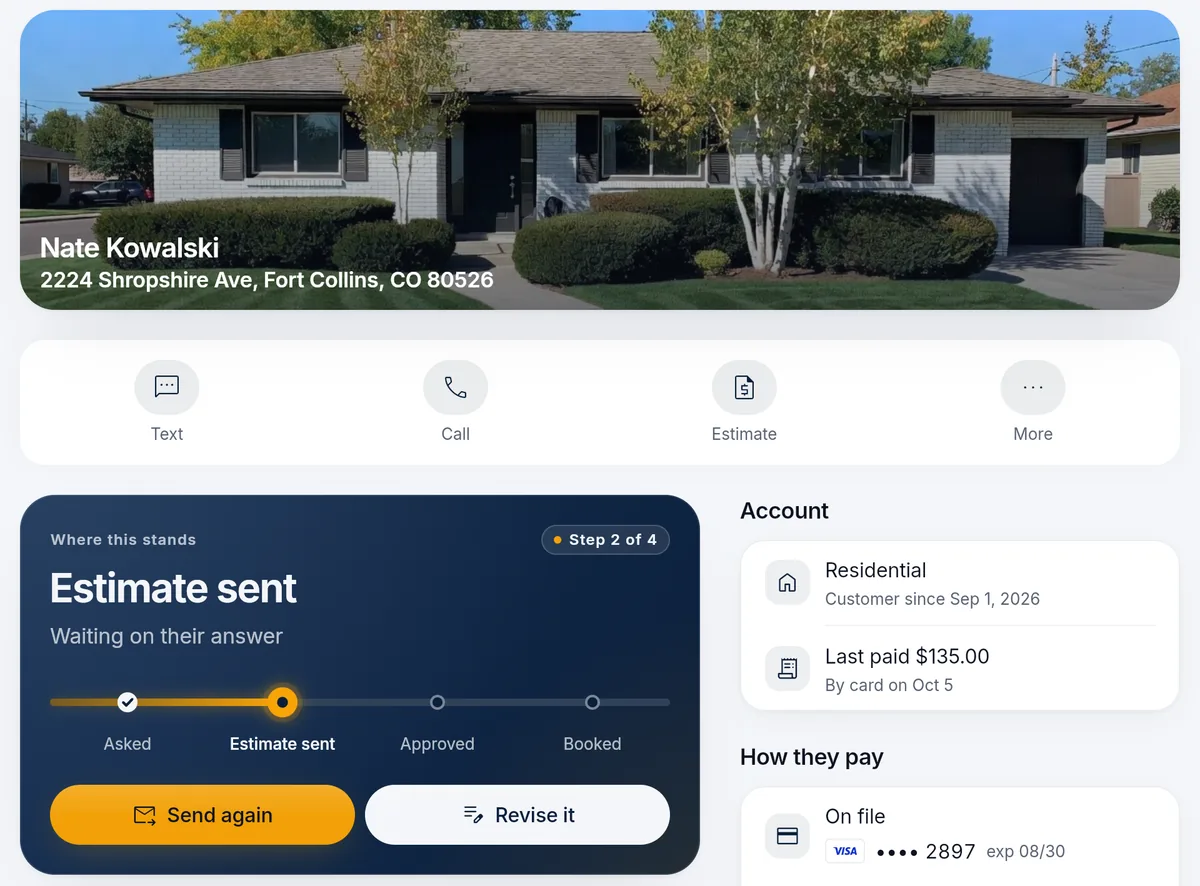 A customer's record in the office app: a photo of the house, where the sale stands with Send again and Revise it buttons, the account, and the card on file.