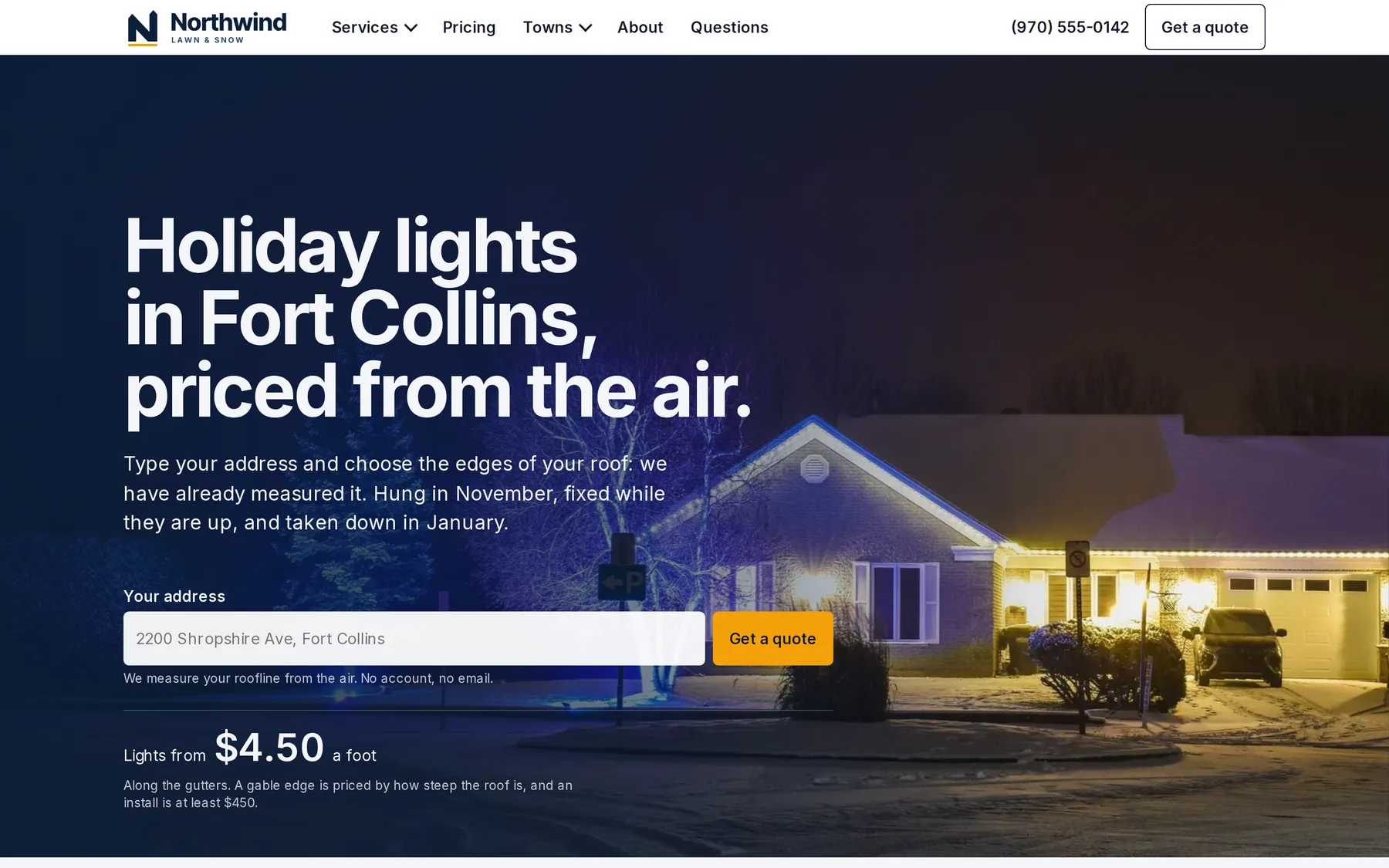 The same company's home page in October: Holiday lights in Fort Collins, priced from the air, with an address box.