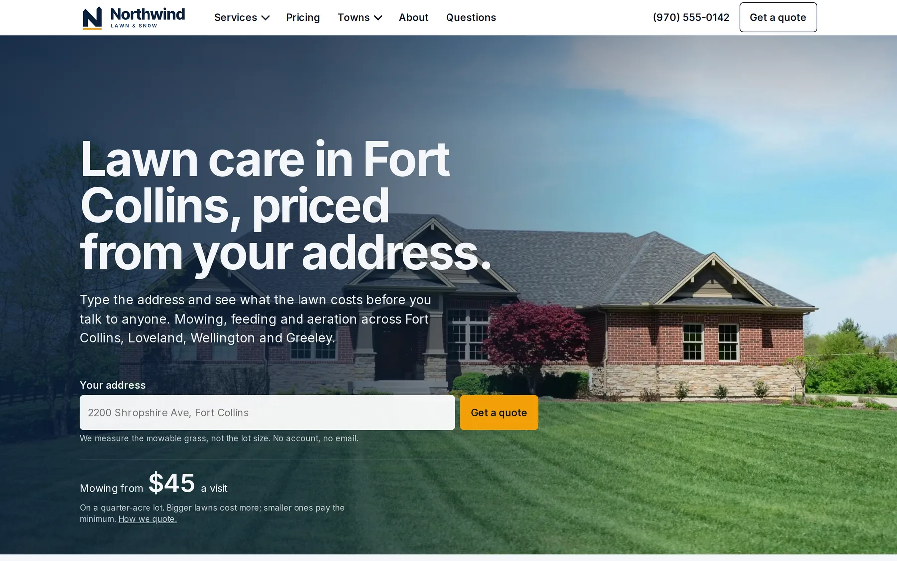 A demo company's home page in May: Lawn care in Fort Collins, priced from your address, with an address box and a Get a quote button.
