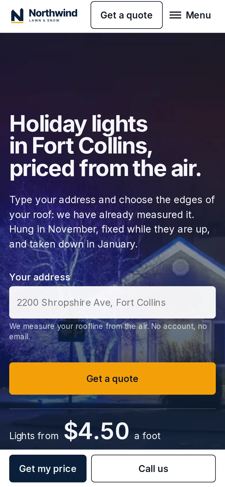 The same company's home page on a phone, with a sticky Get my price and Call us bar.