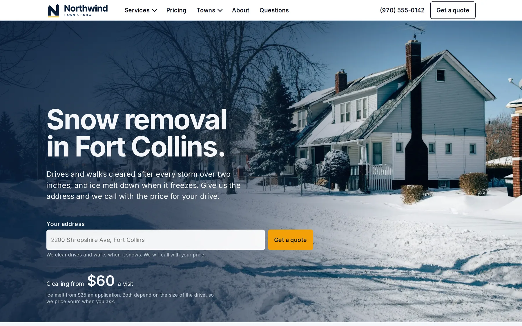 A demo company's snow removal page: snow removal in Fort Collins, with an address box.