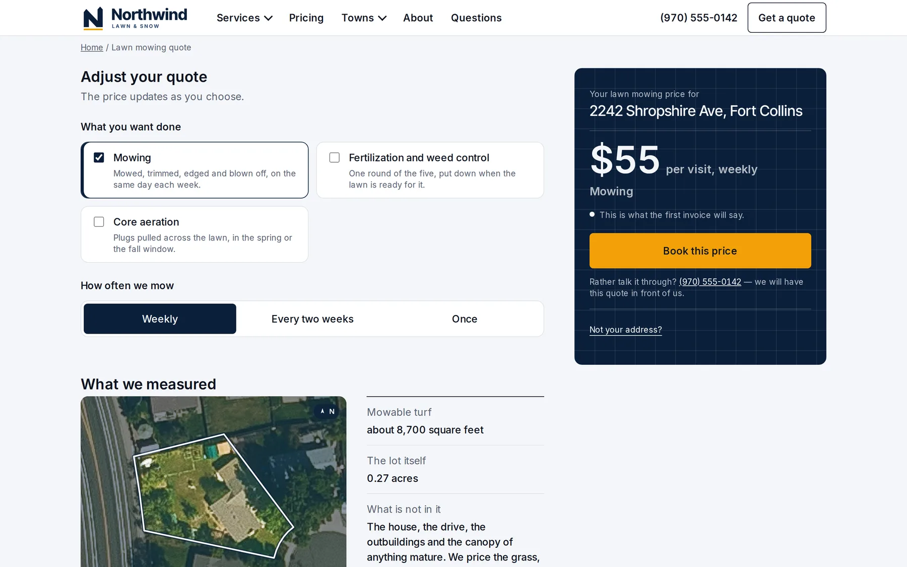 A demo company's lawn quote page: mowing at $55 a visit, weekly, with service choices and the measured lawn.
