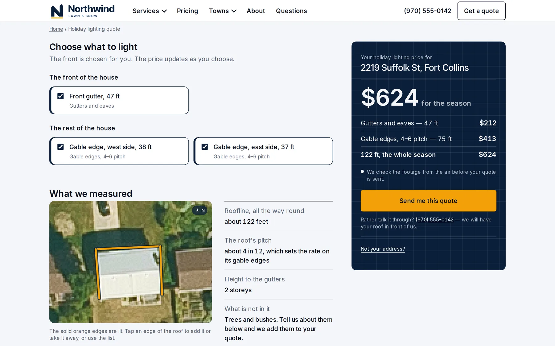 A demo company's lighting quote: the roof edges to light, 122 feet of roofline, $624 for the season.