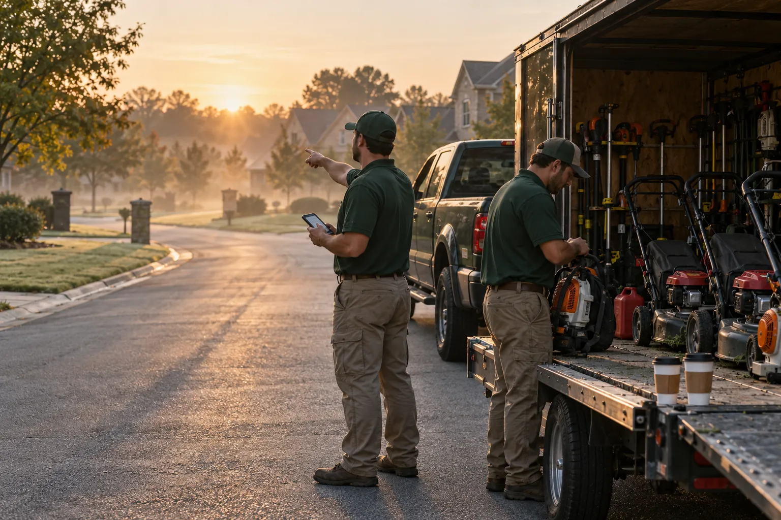 A crew lead pointing down a misty street toward the first stop while a second crew member checks equipment on the trailer.