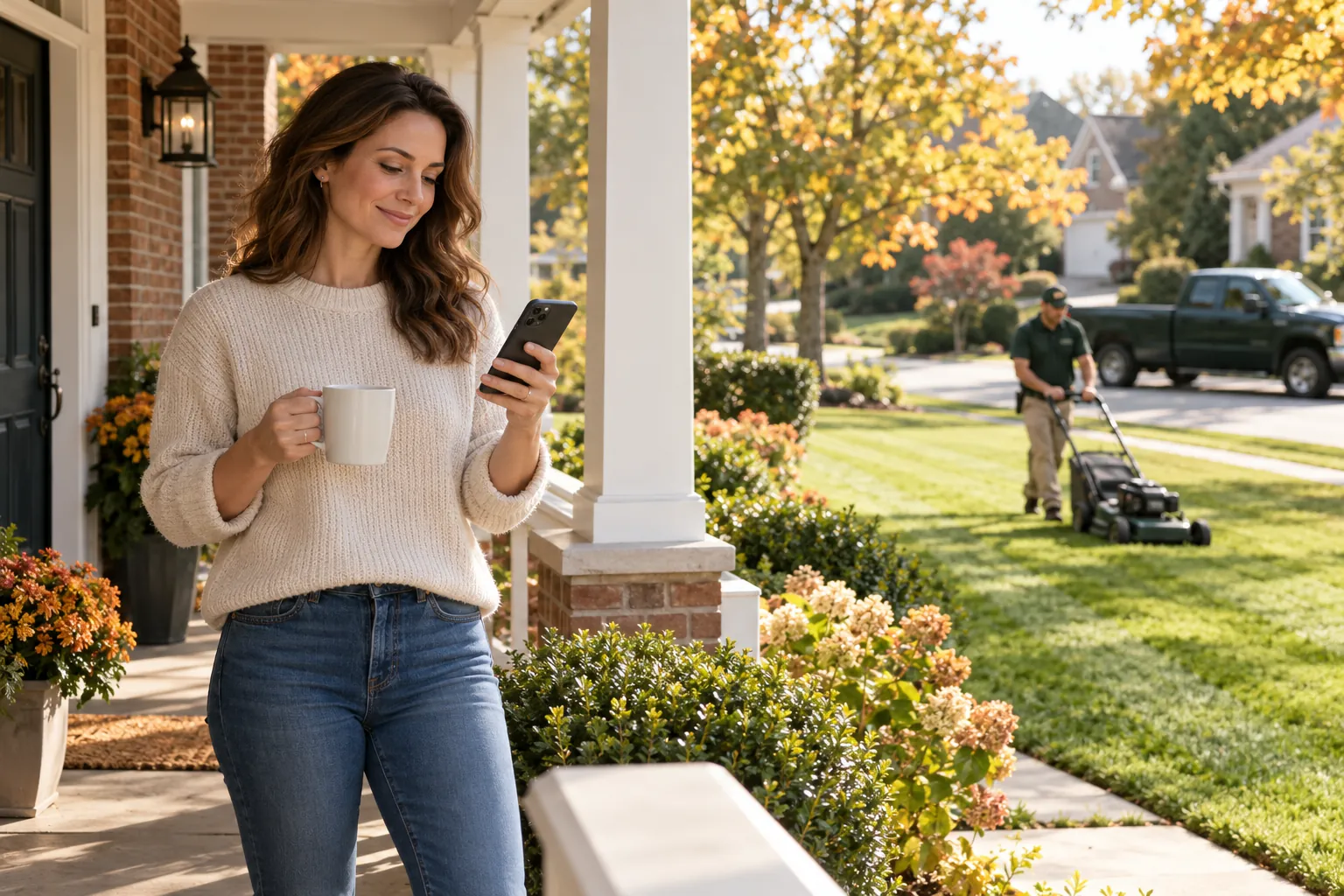 A homeowner on her porch with a coffee, smiling at her phone while a crew mows the lawn behind her.