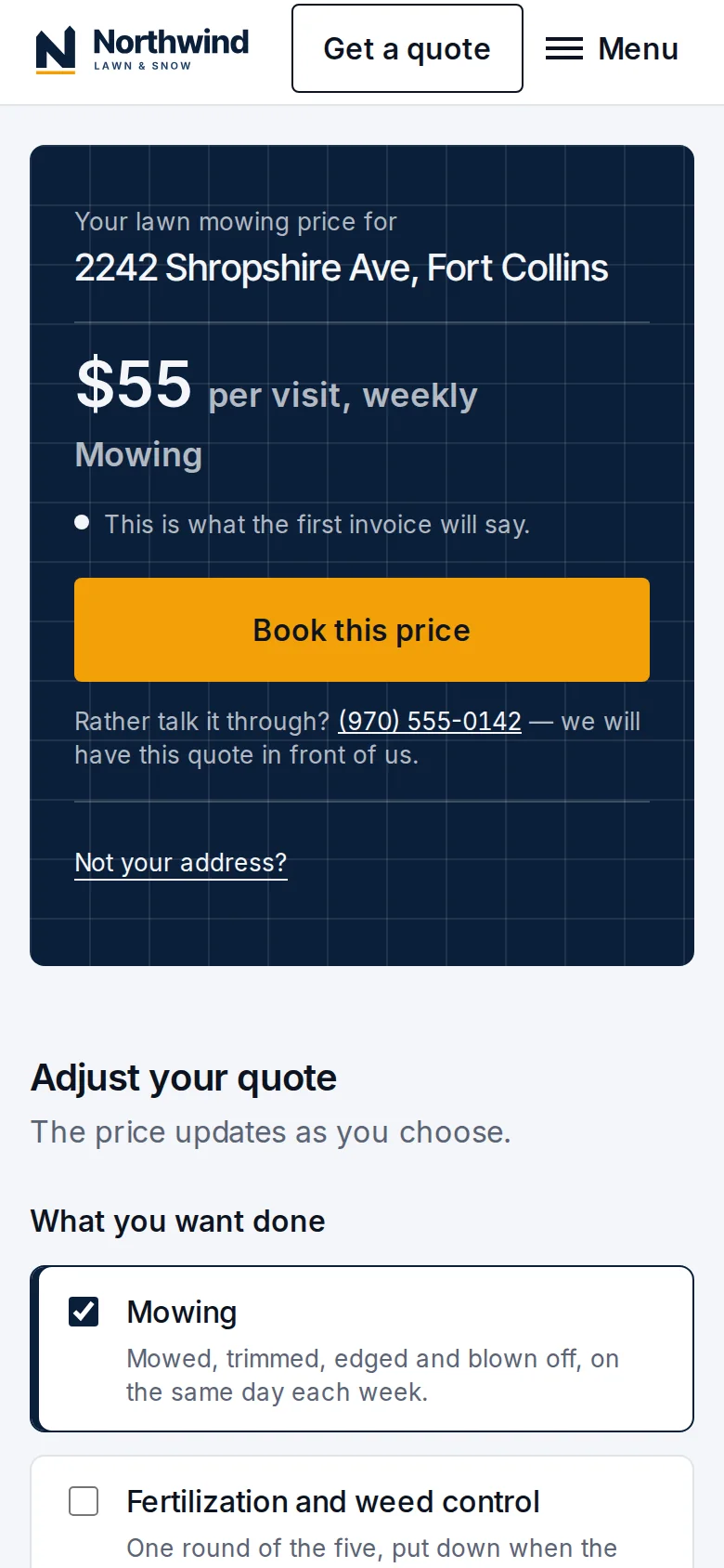 A demo company's website showing a $55 weekly mowing price for an address in Fort Collins.