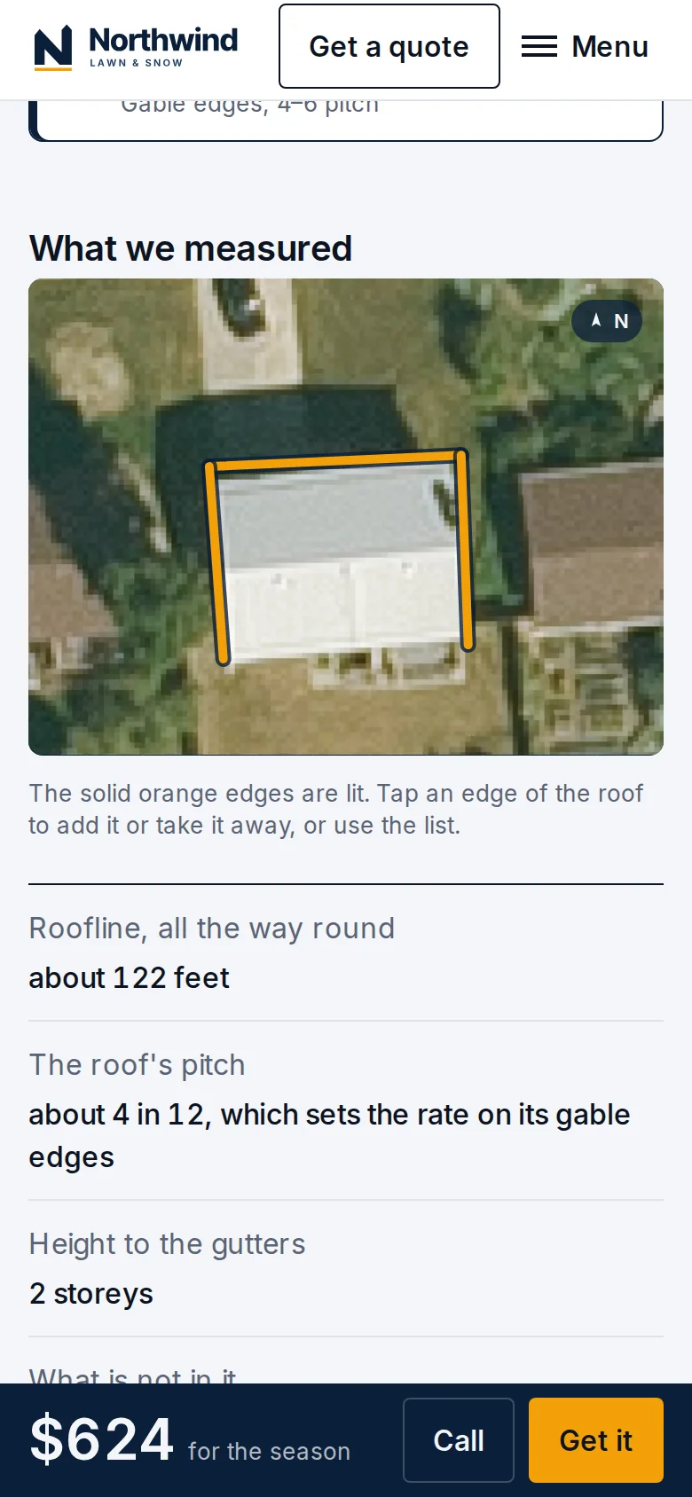 A demo company's holiday lighting quote: the house from above with the chosen roof edges lit, about 122 feet, $624 for the season.