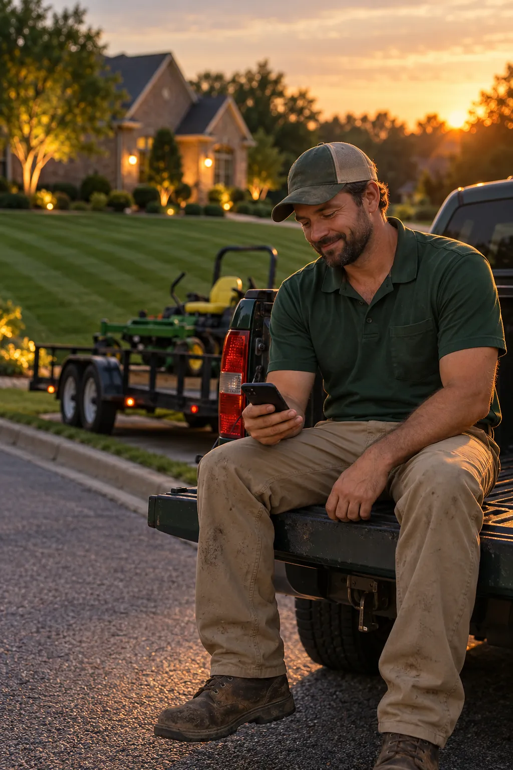A lawn care owner in a green work shirt sitting on his truck's tailgate at sunset, smiling at his phone.