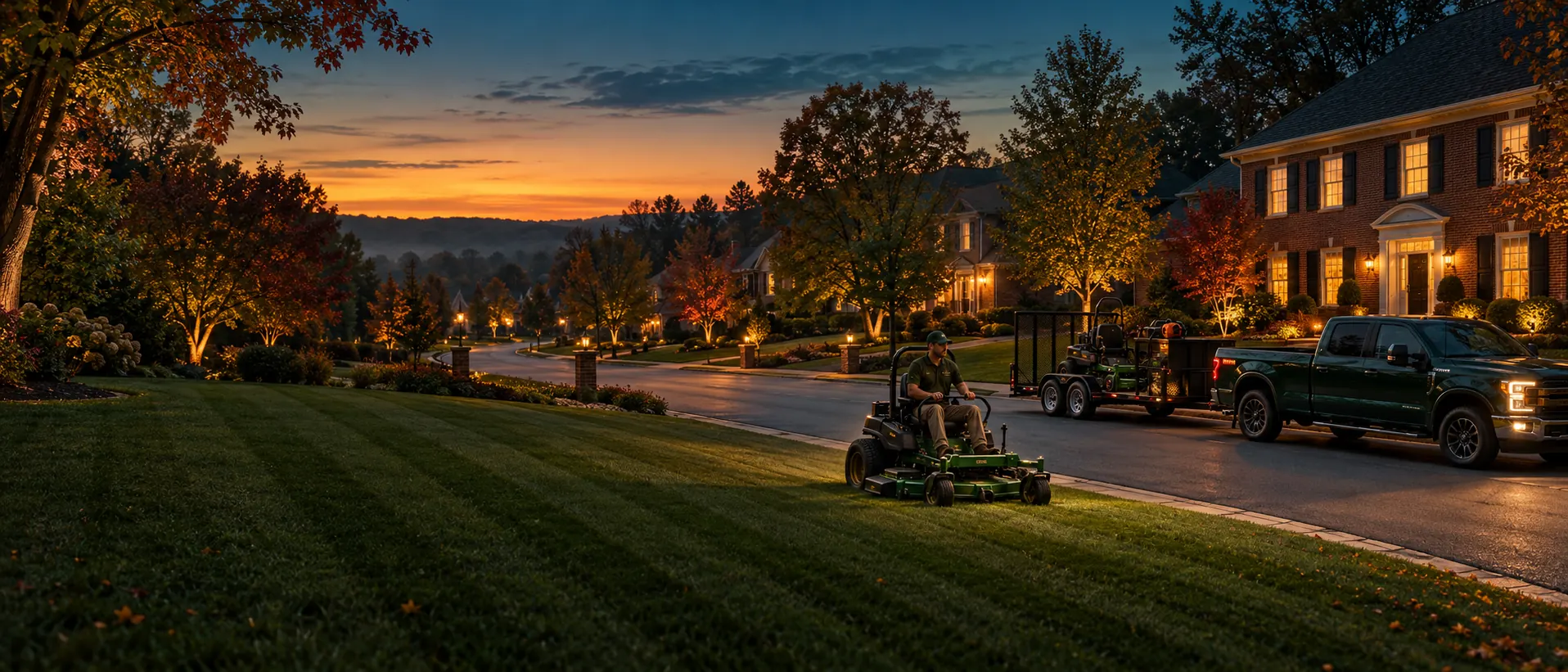 A landscaper on a zero-turn mower finishing a striped front lawn at dusk, his green truck and trailer at the curb of a quiet street with warm lights in the windows.