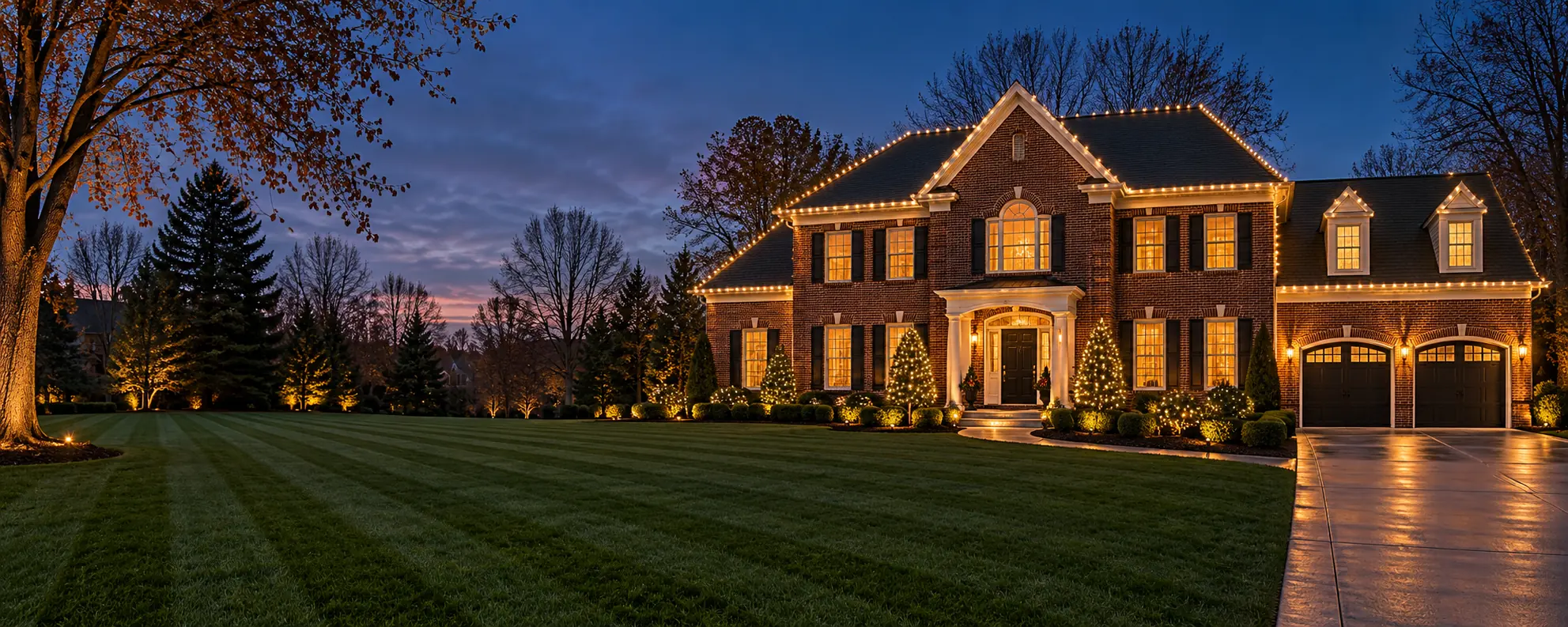 A brick home at twilight with its roofline lit in warm white lights above a freshly striped lawn.